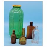 5 Vintage Glass Bottles Jar Medicine Brown Green W