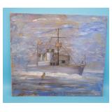Unsigned Oil On Linen Painting of Ship