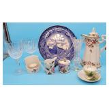 Crystal Vase & Stemware, Hand Painted Porcelain Ch