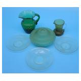 2 Green Blown Glass Pitcher Crackle Glass, Vintage