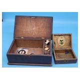 2 Antique Wood Jewelry Keepsake Boxes Sewing