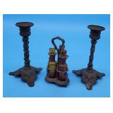 Pair Ornate Metal Candle Holders, Amber Glass Crue