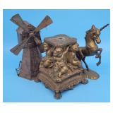 Antique Lamp Base w Cherubs, Brass Unicorn Figurin