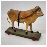 Antique Folk Art Painted Cow Pull Toy - Wood &