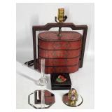 Asian Decor Lot - Tiffin Box Lamp - Red Lacquer