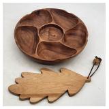 Wooden Divided Serving Bowl & Leaf-Shaped Cutting