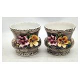 Pair Vintage Majolica Pottery Planters - Floral