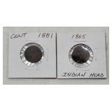 1881 & 1865 Indian Head Cent Pair - US Coins