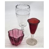 Etched Glass Goblet & Colored Glass Bowls -