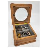 Wood Jewelry Box with Mirror & Assorted Jewelry
