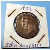 1839 Braided Hair Large Cent Booby Head Variety