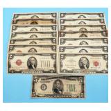 $2 US Notes (13) & $5 Federal Reserve Note 1934 A