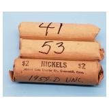 (3) Buffalo Nickel Rolls 1941 1953 1959D UNC