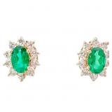 Emerald & Diamond Halo Stud Earrings 14k Gold