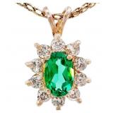 Emerald & Diamond Halo Pendant 14k Gold