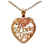 Two-Tone 'I Love You' Rose Heart Pendant 14k Gold