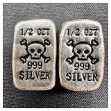 (2) 1/2 oz Fine Silver Bars - MPM - Skulls