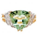 Green Amethyst & Diamond Dinner Ring 10k Gold