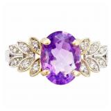 3/4 CT Amethyst & Diamond Leaves Ring 14k