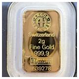 2 g Argor-Heraeus 24k Gold Bar in Assay