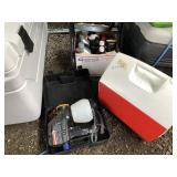 Lot with a cooler, paint sprayer, paraffin and oil