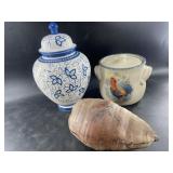 Lot with a large ceramic urn 14' tall and cookie j
