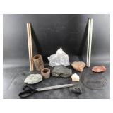 Box lot with large stone specimens, old pieces of