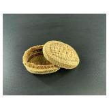 Hand woven cedar and grass basket, lidded 2' long