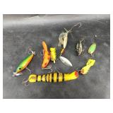 Assorted fishing lures, many are vintage