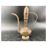 Indian brass and enameled tea pot 11.25'