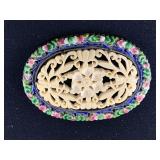 Vintage carved bone floral pin set in a nickel sil