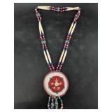 Hand beaded necklace with bone and glass beads wit