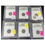 6 Slabbed Mercury dimes