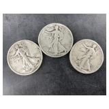 3 Walking Liberty silver half dollars: 1941, 1943,