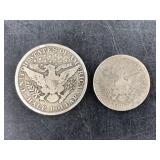 2 Silver Barber coins, 1906 half dollar, and 1905