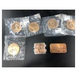 Copper lot with 5 copper rounds, a copper bar, and