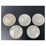 5 Standing Silver Liberty quarters: 1927, 1926 and