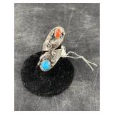 Pawn style silver, turquoise and coral ring with a