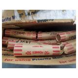 32 Rolls of wheat cents, in a small flat rate box