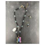 Artisan glass pendant with beaded necklace and ear