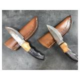 Pair of matched Damascus bladed knives with wood s