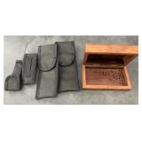 Wood trinket box and several nylon pouches