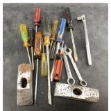 Assorted tools and screwdrivers and 2 dog nosed cr