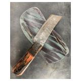 Damascus bladed knife with leather sheath with woo