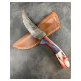 Damascus bladed knife with leather sheath with pak