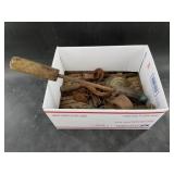 Box with Antique castors, a soldering iron, etc.