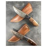 Pair of matched Damascus bladed knives with wood s