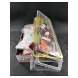 Large box of tackle, gun cleaning supplies, old ba