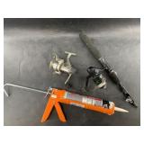 Coleman fishing rod, reel and caulking gun