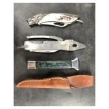 Several knives and a Gerber Pixie holster, the gre